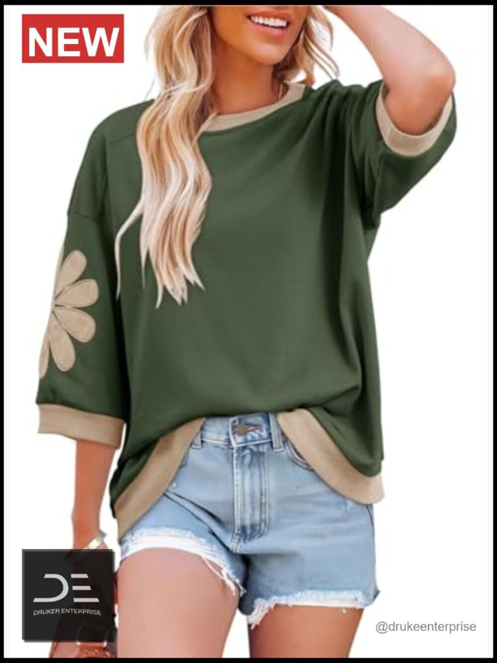 Oversized 3/4 Sleeve Floral Patch Crewneck Pullover Sweatshirt - Picture 4 of 7